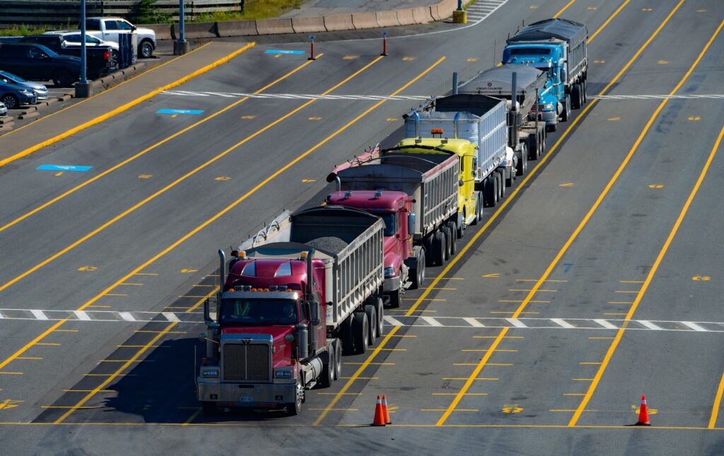 several trucks on the road